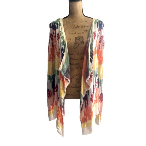 Umgee Southwestern Print Rainbow Cardigan Fringe Waterfall Front Size Medium - Picture 1 of 5